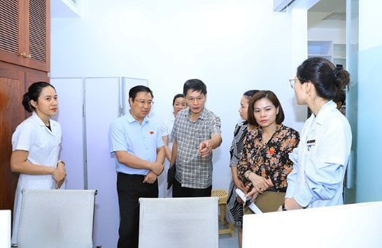 Đoàn khảo sát thực tế tại cơ sở hành nghề y, dược trên địa bàn quận Hoàng Mai. Ảnh: Lê Hải
