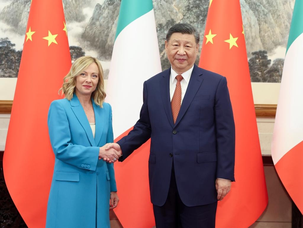 Thủ tướng Italy Giorgia Meloni gặp Chủ tịch Trung Quốc Tập Cận Bình tại Bắc Kinh, Trung Quốc. Ngày 29.7.2024. Ảnh: Tân Hoa Xã