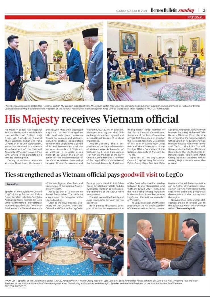 Báo chí Brunei đưa tin đậm nét về chuyến thăm của Phó Chủ tịch Quốc hội Nguyễn Khắc Định -0