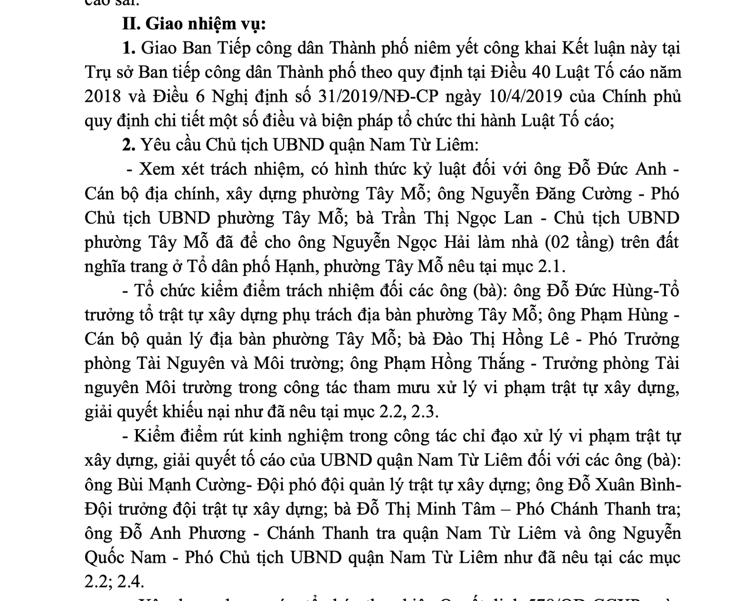 Nhiều tồn tại trong công tác chỉ đạo xử lý vi phạm trật tự xây dựng, giải quyết tố cáo tại UBND quận Nam Từ Liêm -0