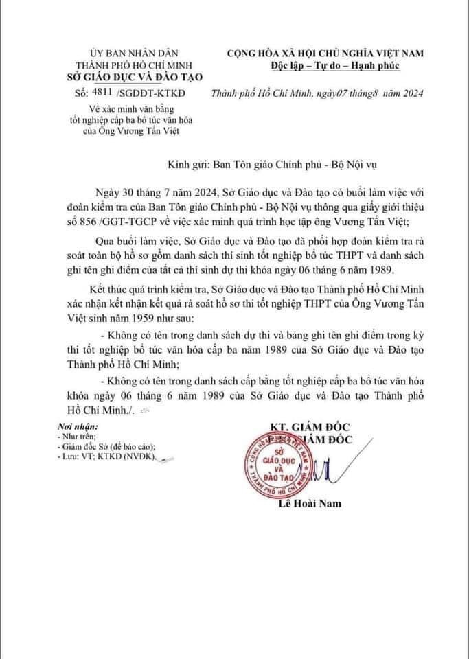 Sở Giáo dục và Đào tạo TP. Hồ Chí Minh: Ông Vương Tấn Việt không có tên trong danh sách dự thi tốt nghiệp bổ túc văn hóa -0