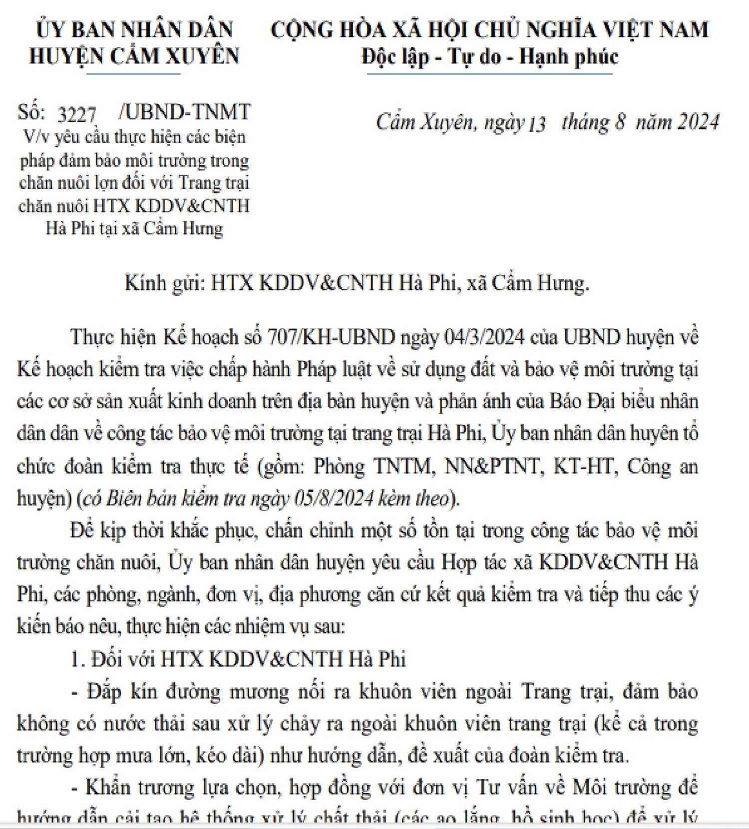 Văn bản yêu cầu chấn chỉnh các tồn tại của UBND huyện Cẩm Xuyên sau phản ánh của Báo Đại biểu Nhân dân Khẩn trương chấn chỉnh dự án trại chăn nuôi lợn ngang nhiên xả thải ra môi trường ở Hà Tĩnh
