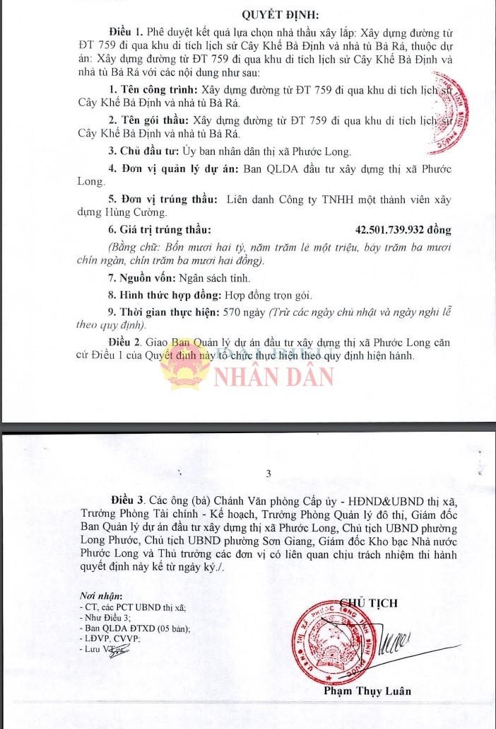 Ông Phạm Thụy Luân - Chủ tịch UBND thị xã Phước Long (hiện đang là Giám đốc Sở Nông nghiệp và Phát triển nông thôn tỉnh Bình Phước) ký duyệt cho Công ty Đại phát trúng thầu với giá hơn 42,5 tỷ đồng, tiết kiệm ngân sách 9 triệu đồng (khoảng 0,02%)