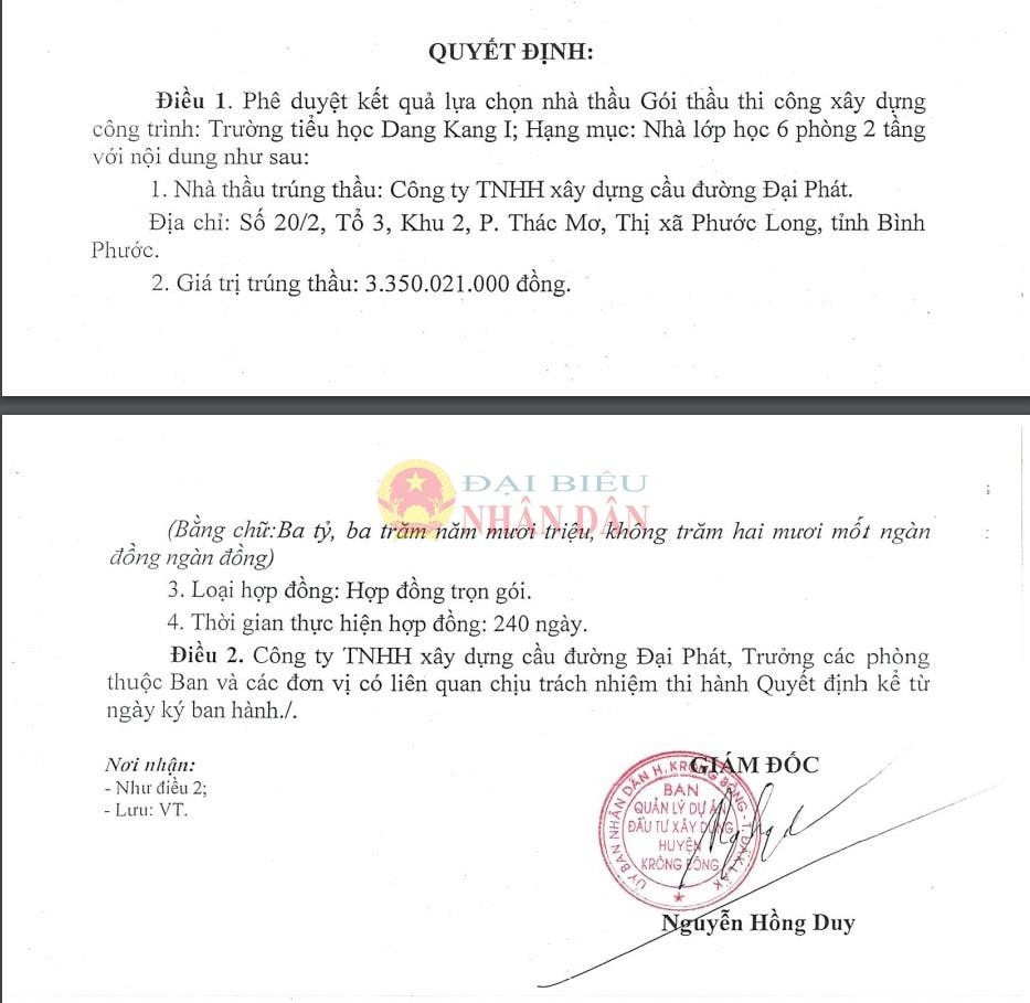Ông Nguyễn Hồng Duy – Giám đốc Ban QLDA ĐTXD huyện Krông Bông ký duyệt cho Công ty Đại Phát trúng gói thầu xây dựng dự án Trường tiểu học Dang Kang I với giá hơn 3,3 tỷ đồng, tiết kiệm ngân sách 5 triệu đồng