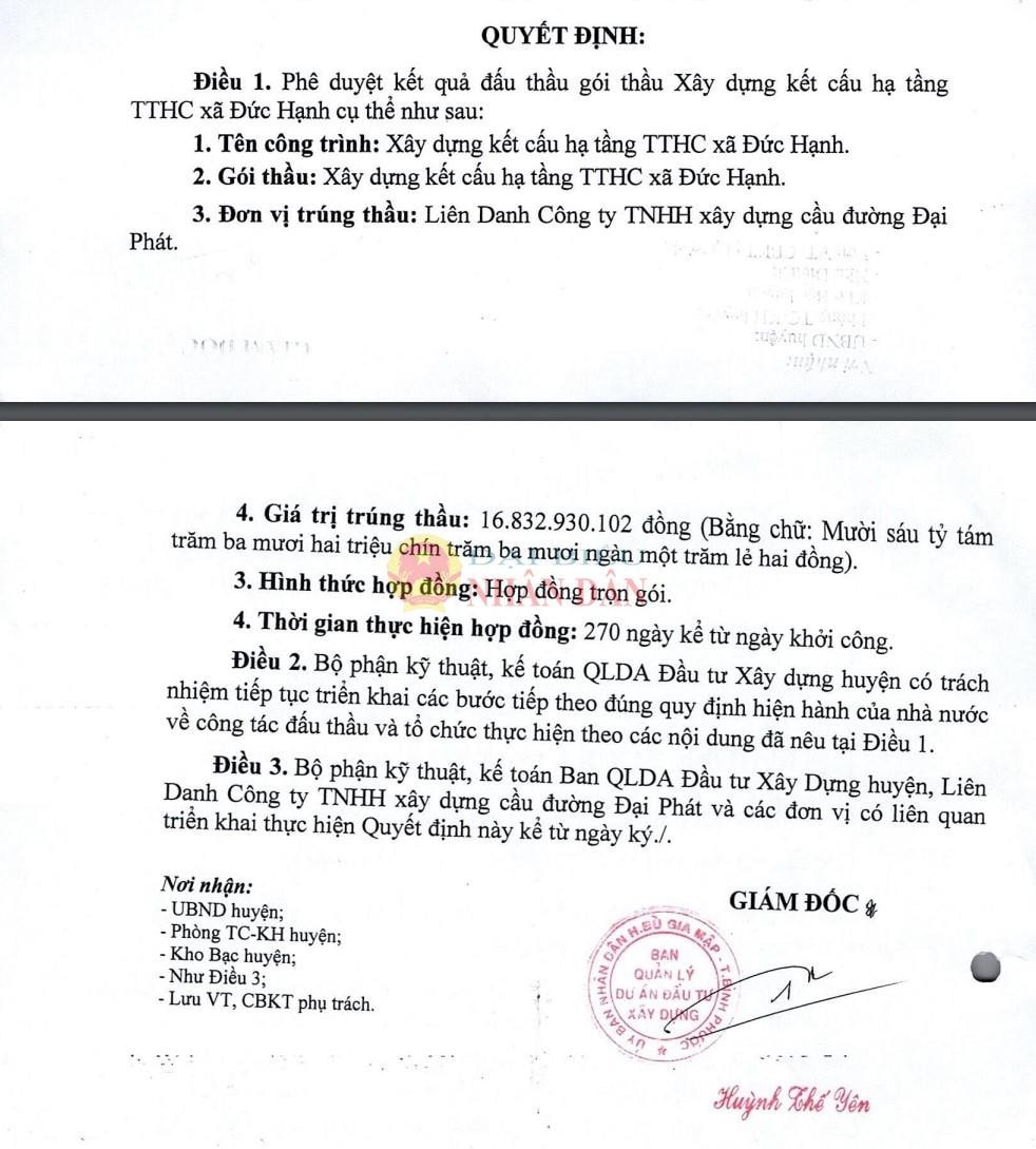 Ông Huỳnh Thế Yên – Giám đốc Ban QLDA ĐTXD huyện Bù Gia Mập ký duyệt cho Công ty Đại Phát trúng thầu với giá hơn 16,8 tỷ đồng, tiết kiệm ngân sách 11 triệu đồng (khoảng 0,06%)