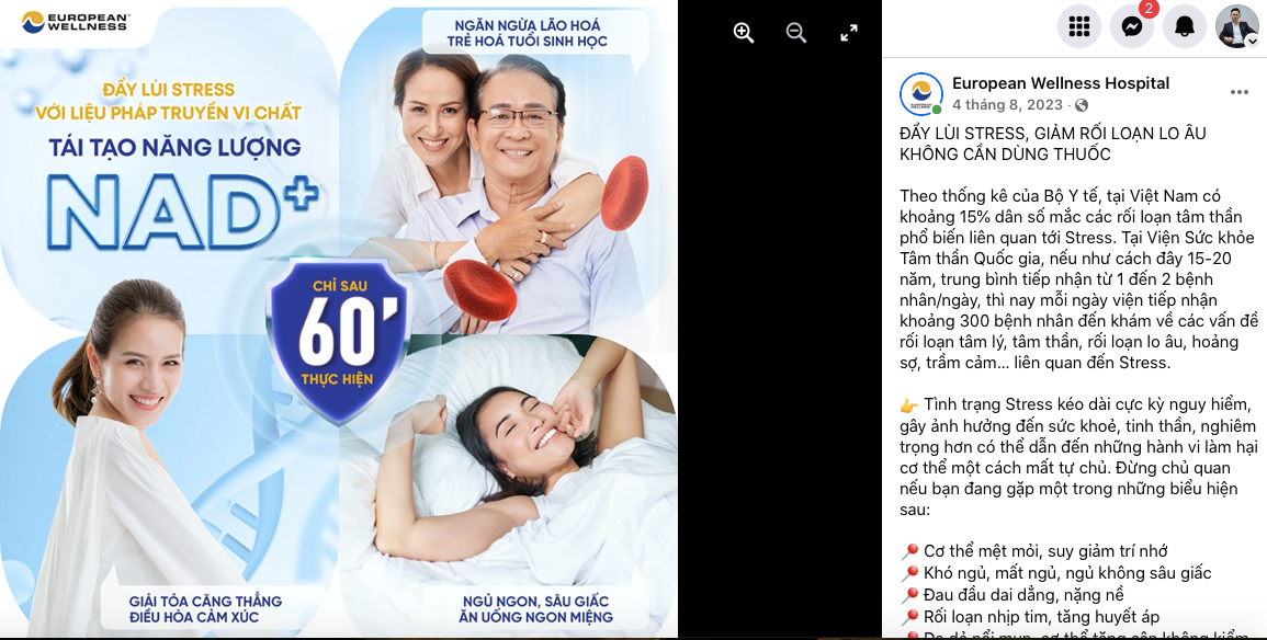 TP. Hồ Chí Minh: Phòng khám European Wellness quảng cáo NAD+ như “thần dược”, chữa bệnh không cần dùng thuốc