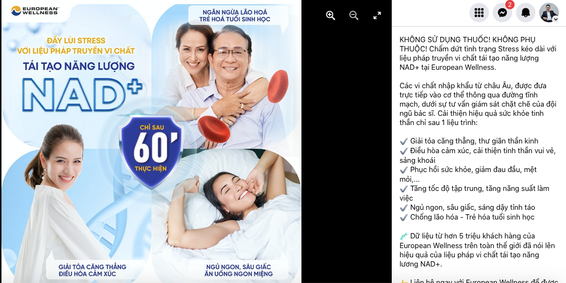 TP. Hồ Chí Minh: Phòng khám European Wellness quảng cáo NAD+ như “thần dược”, chữa bệnh không cần dùng thuốc