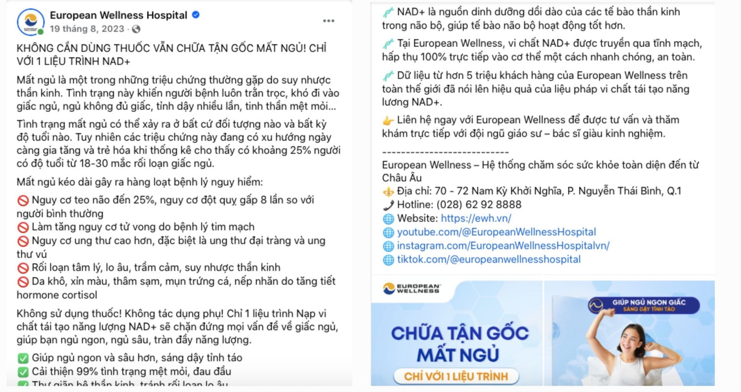 TP. Hồ Chí Minh: Phòng khám European Wellness quảng cáo NAD+ như “thần dược”, chữa bệnh không cần dùng thuốc