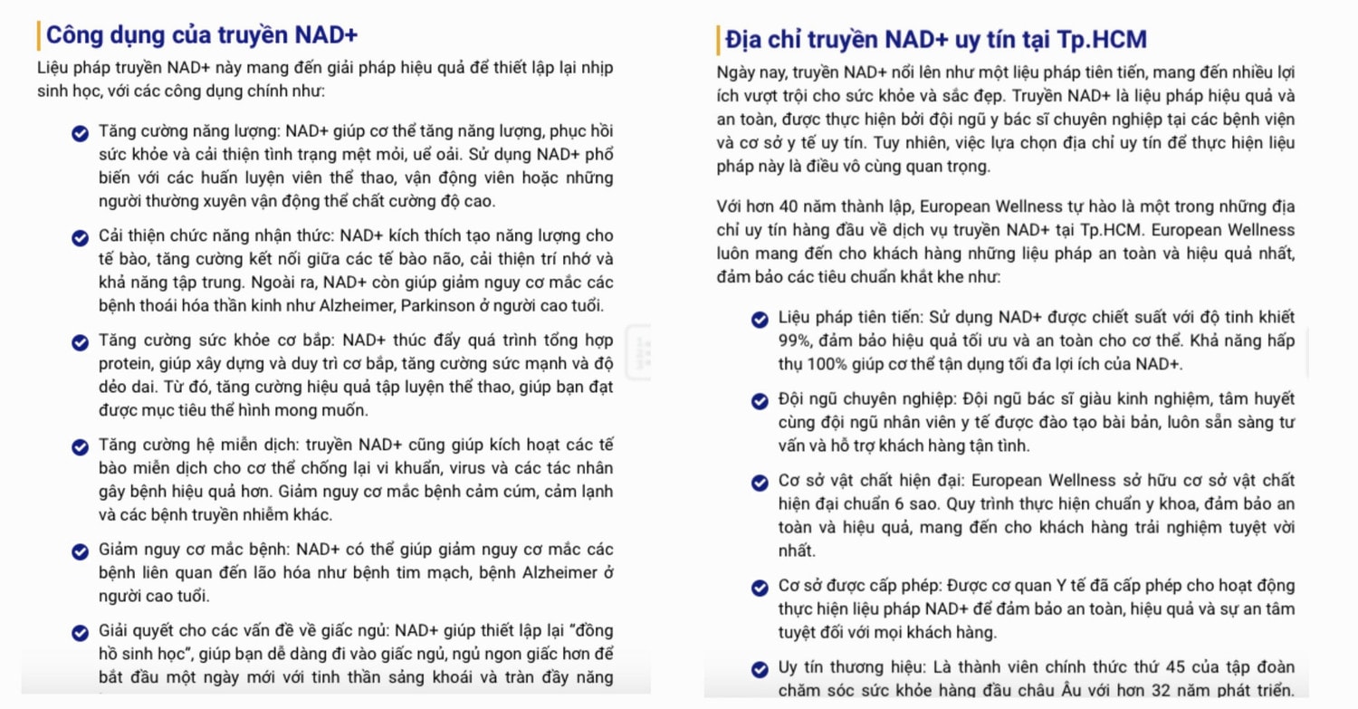TP. Hồ Chí Minh: Phòng khám European Wellness quảng cáo NAD+ như “thần dược”, chữa bệnh không cần dùng thuốc