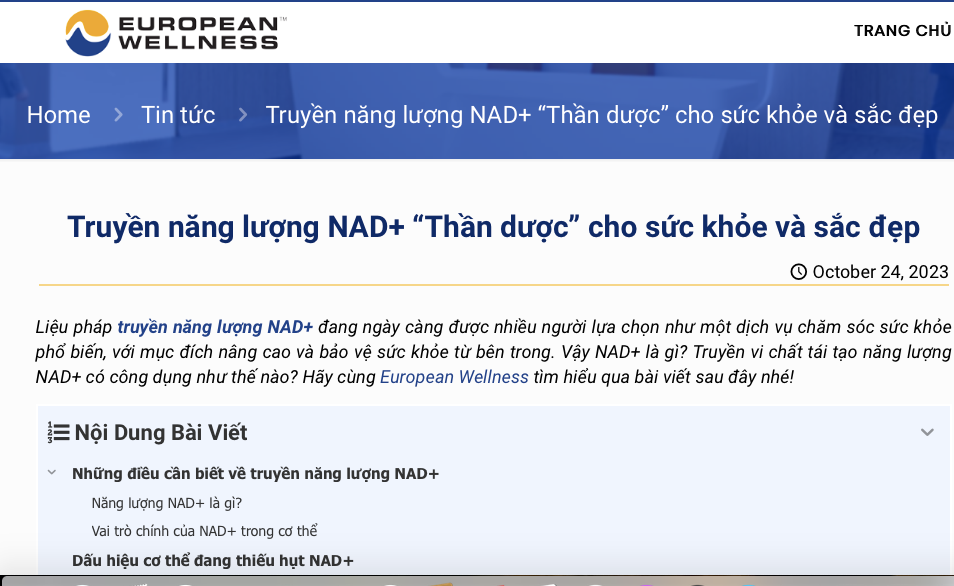 TP. Hồ Chí Minh: Phòng khám European Wellness quảng cáo NAD+ như “thần dược”, chữa bệnh không cần dùng thuốc