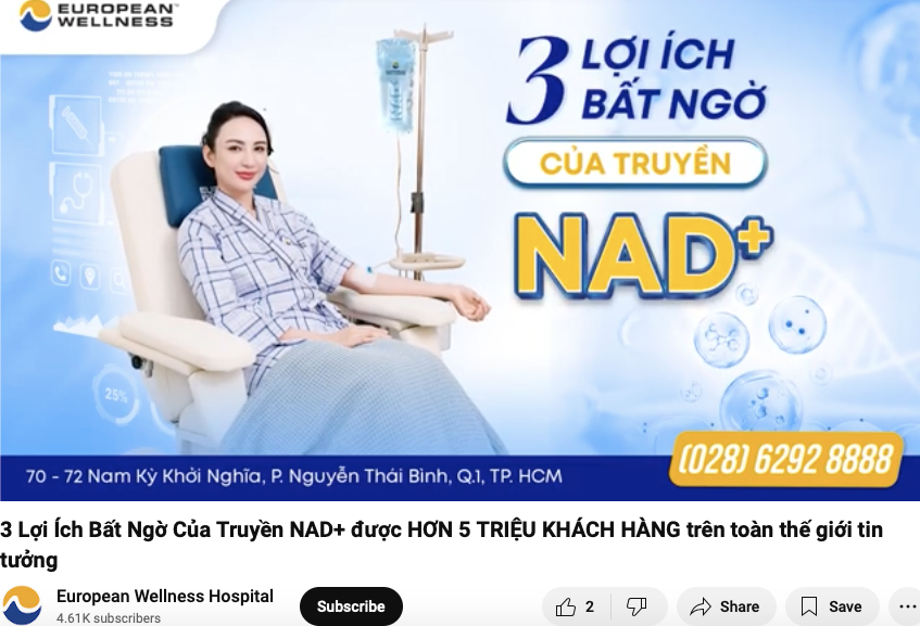 TP. Hồ Chí Minh: Phòng khám European Wellness quảng cáo NAD+ như “thần dược”, chữa bệnh không cần dùng thuốc