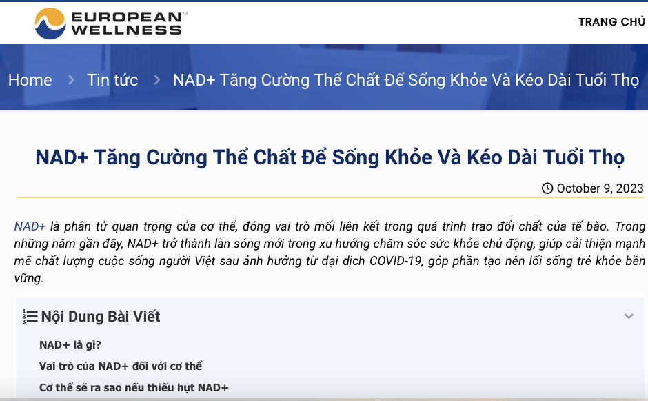 TP. Hồ Chí Minh: Phòng khám European Wellness quảng cáo NAD+ như “thần dược”, chữa bệnh không cần dùng thuốc