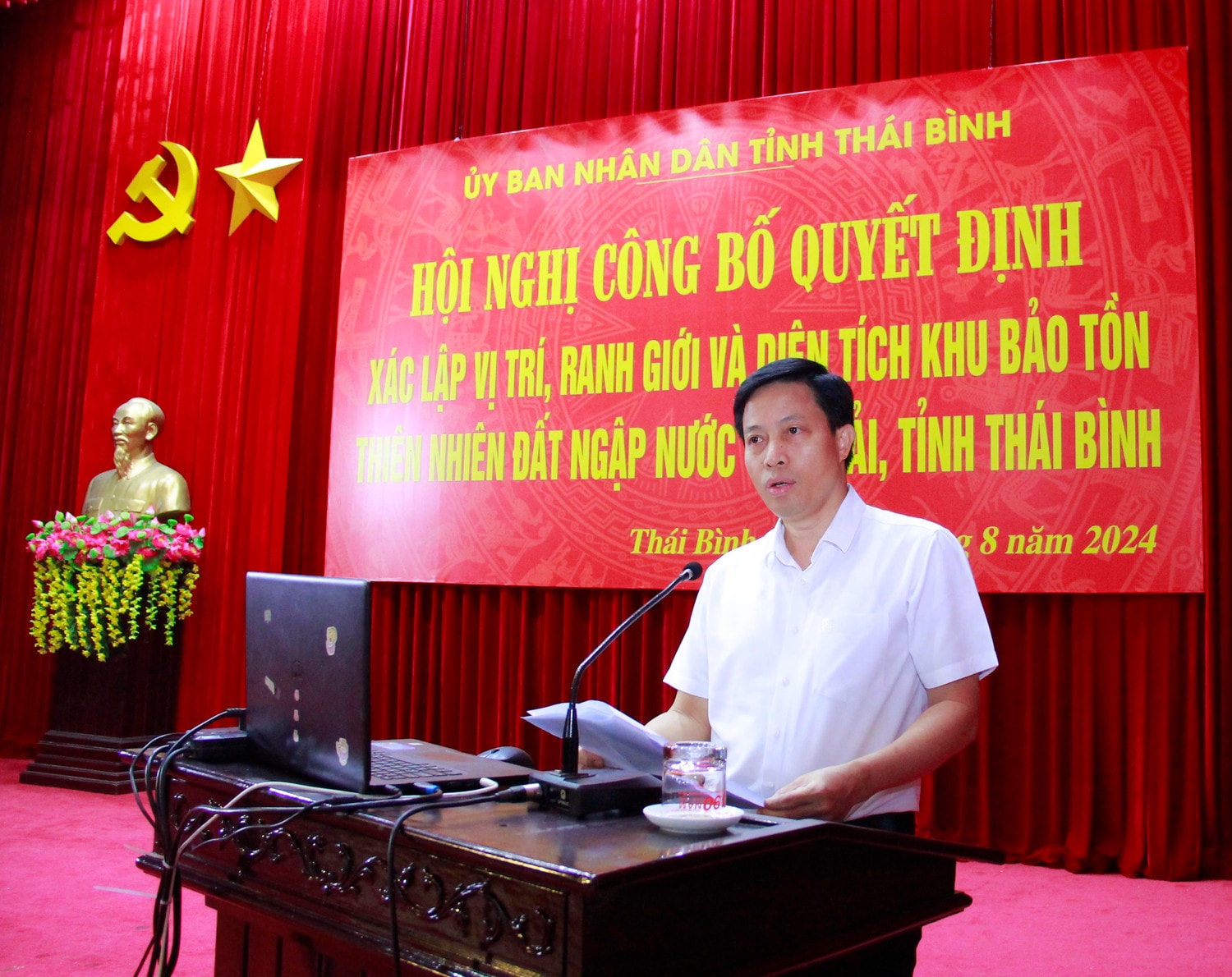 Phó Chủ tịch UBND tỉnh Lại Văn Hoàn phát biểu tại hội nghị Thái Bình công bố Quyết định Xác lập vị trí, ranh giới và diện tích Khu bảo tồn thiên nhiên đất ngập nước Tiền Hải -0