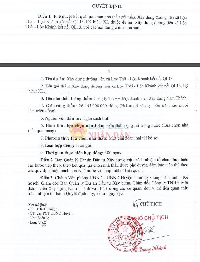 Ông Hồ Quang Khánh – Phó Chủ tịch UBND huyện Lộc Ninh ký duyệt cho Công ty Nam Thành trúng gói hơn 26,4 tỷ đồng, tiết kiệm ngân sách khoảng 30 triệu đồng