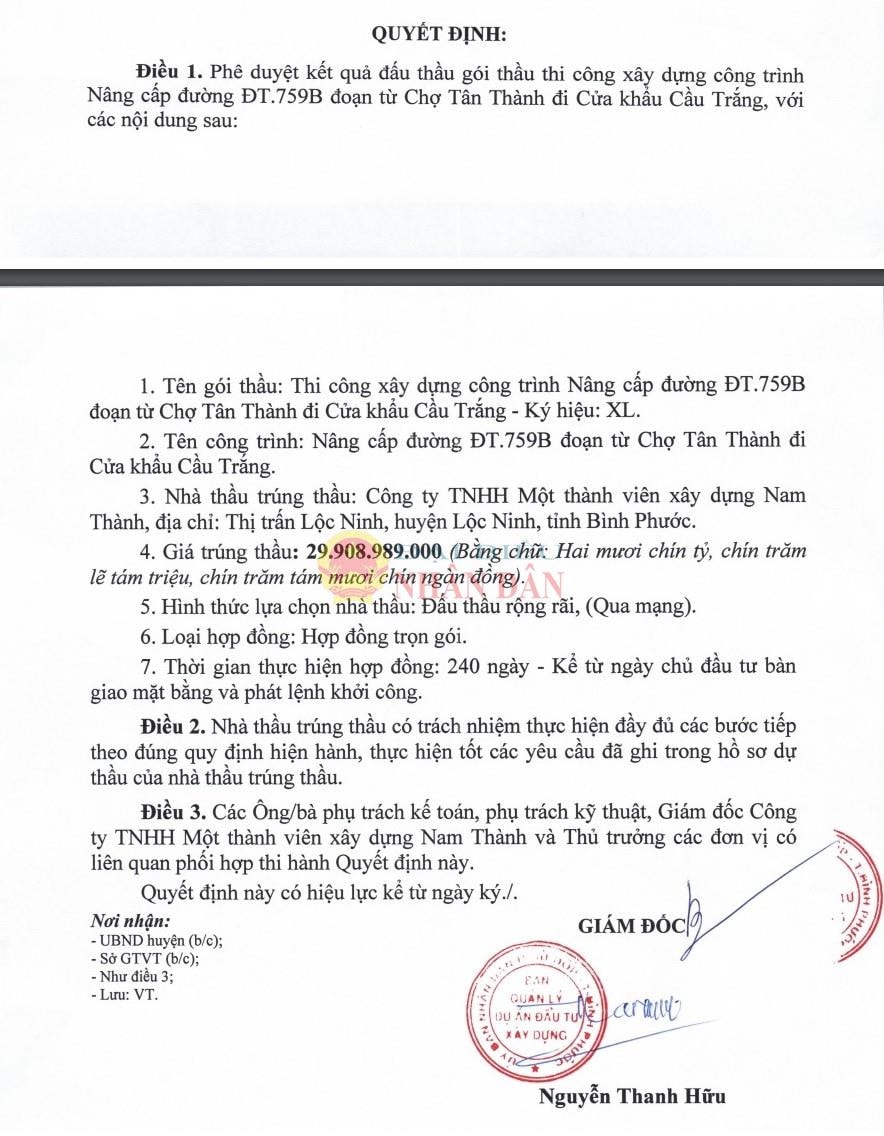 Ông Nguyễn Thanh Hữu - Giám đốc Ban QLDA ĐTXD huyện Bù Đốp ký duyệt cho Công ty Nam Thành trúng gói thầu gần 30 tỷ đồng, tiết kiệm ngân sách khoảng 18 triệu đồng