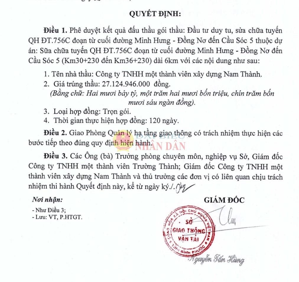 Ông Nguyễn Tấn Hùng - Giám đốc Sở GTVT tỉnh Bình Phước ký duyệt cho Công ty Nam Thành trúng gói thầu hơn 27 tỷ đồng, tiết kiệm ngân sách khoảng 42 triệu đồng