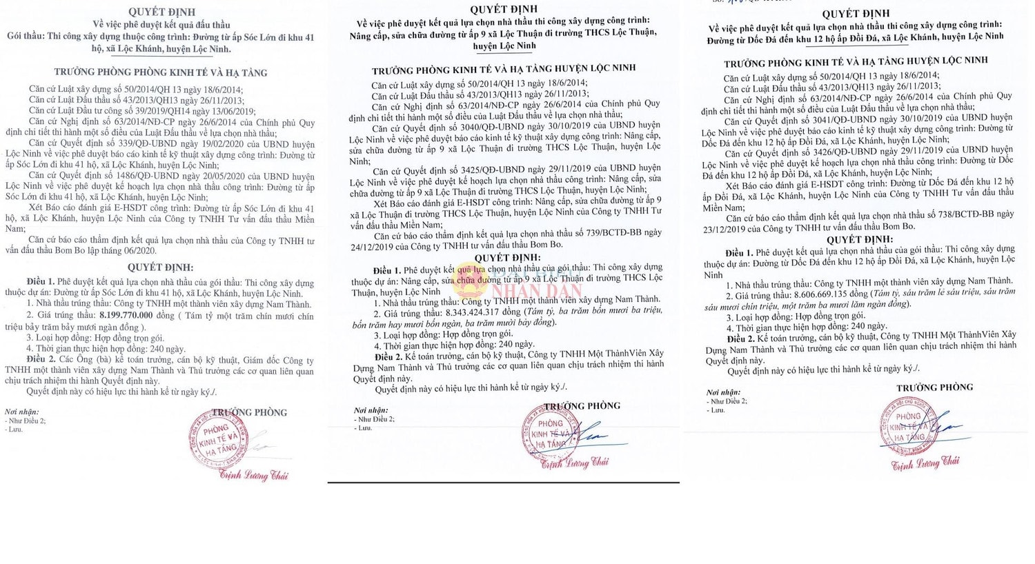 Ông Trịnh Lương Thái – Trưởng Phòng kinh tế hạ tầng huyện Lộc Ninh ký duyệt cho Công ty Nam Thành trúng hàng loạt gói thầu cùng tỷ lệ tiết kiệm 8 triệu đồng/gói thầu