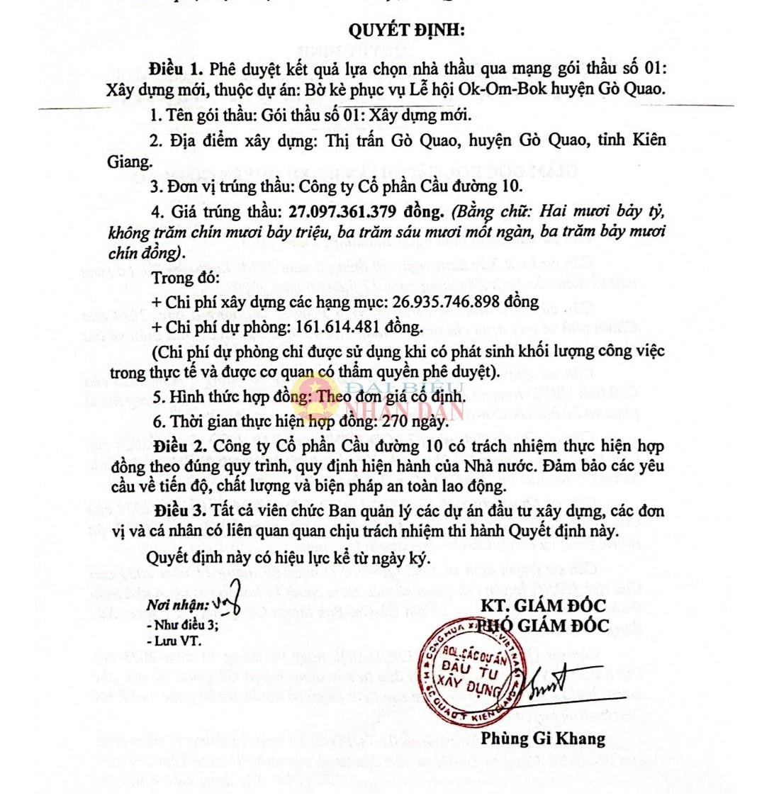 Ông Phùng Gi Khang – Phó Giám đốc Ban Quản lý các dự án đầu tư xây dựng huyện Gò Quao, tỉnh Kiên Giang ký duyệt cho Công ty Cầu đường 10 trúng gói thầu hơn 27 tỷ đồng, tiết kiệm ngân sách khoảng 20 triệu đồng