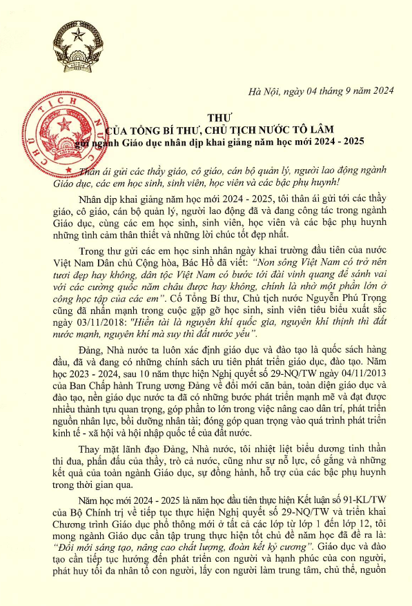 Thư Tổng Bí thư, Chủ tịch nước Tô Lâm gửi ngành Giáo dục nhân dịp khai giảng năm học mới 2024 - 2025