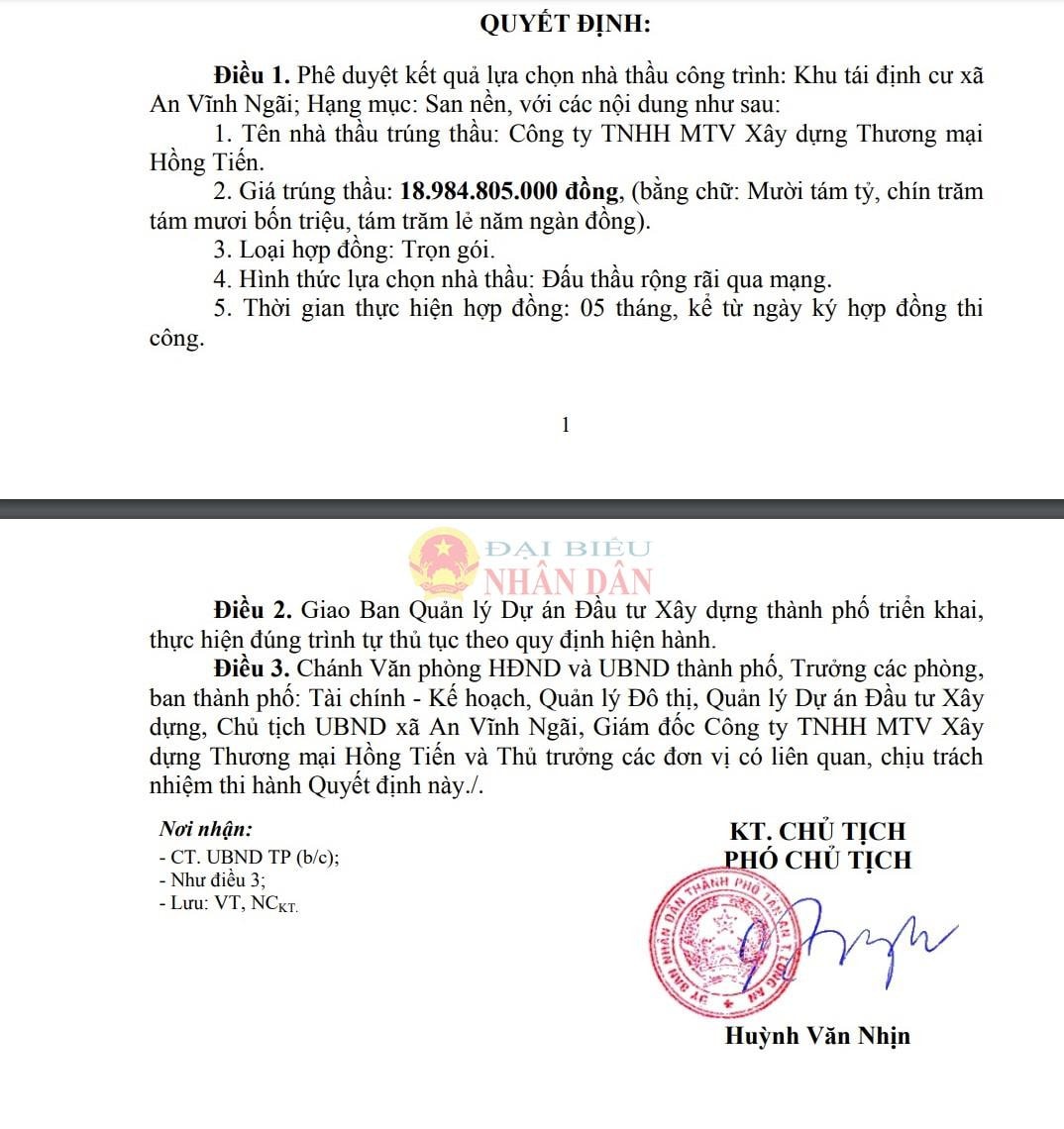 Ông Huỳnh Văn Nhịn – Phó Chủ tịch UBND TP. Tân An, tỉnh Long An ký quyết định cho Công ty Mai Hồng Tiến trúng gói thầu 18,9 tỷ đồng tiết kiệm ngân sách gói thầu khoảng 0,04% (8 triệu đồng)
