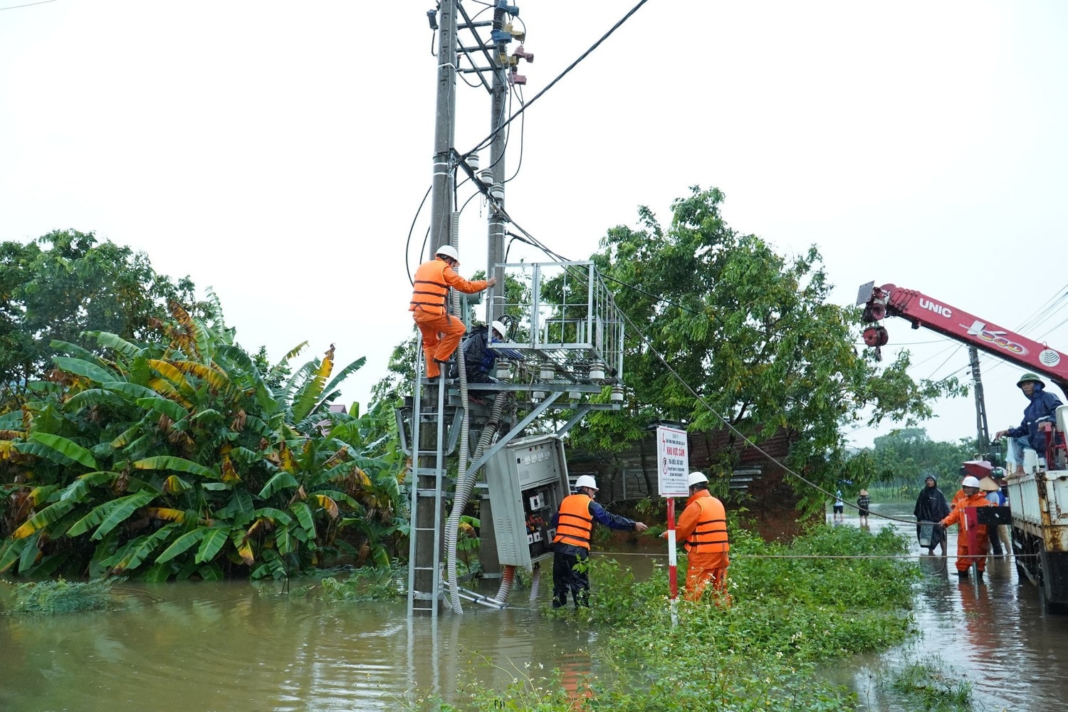 Ngành điện kịp thời khôi phục các đường dây gặp sự cố do ảnh hưởng của bão số 3. Ảnh: Hùng Mạnh