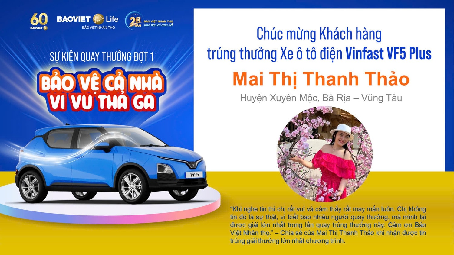 ảnh 1 - Chị Mai Thị Thanh Thảo (Bà Rịa - Vũng Tàu) là khách hàng may mắn trúng giải ô tô điện Vinfast VF5 Plus .jpg