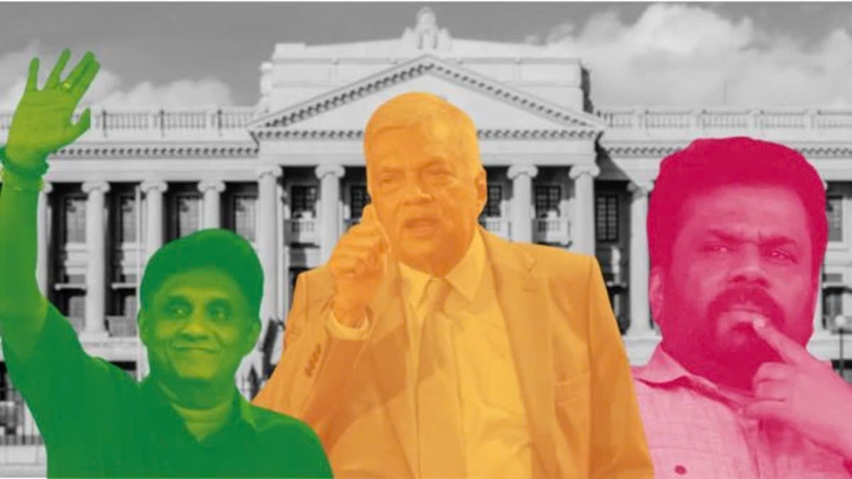 Ba ứng cử viên hàng đầu gồm: Tổng thống đương nhiệm Ranil Wickremesinghe (giữa); lãnh đạo phe đối lập Sajith Premadasa (trái); và Anura Kumara Dissanayake của NPP (phải).