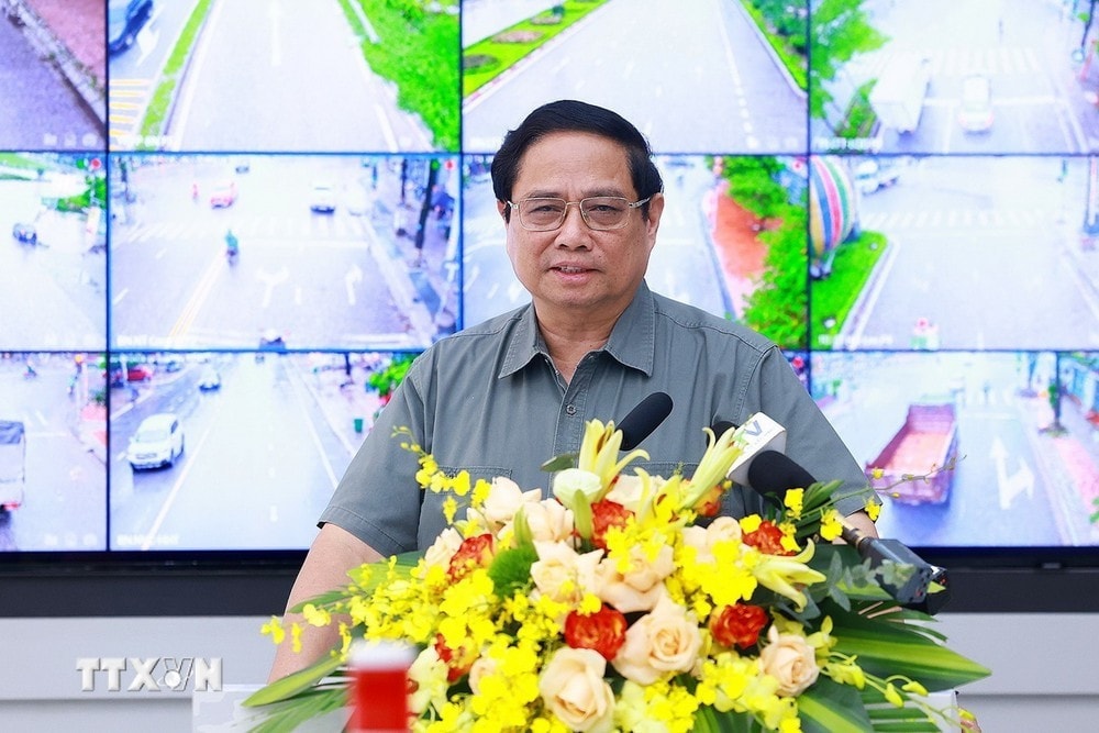 Thủ tướng Phạm Minh Chính phát biểu tại Hội nghị sơ kết 1 năm "Tỉnh an toàn giao thông.” Ảnh: Dương Giang/TTXVN