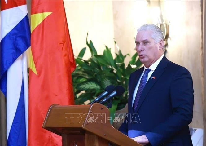 Bí thư thứ nhất Đảng Cộng sản Cuba, Chủ tịch Cuba Miguel Diaz Canel Bermudez phát biểu. Ảnh: Lâm Khánh/TTXVN