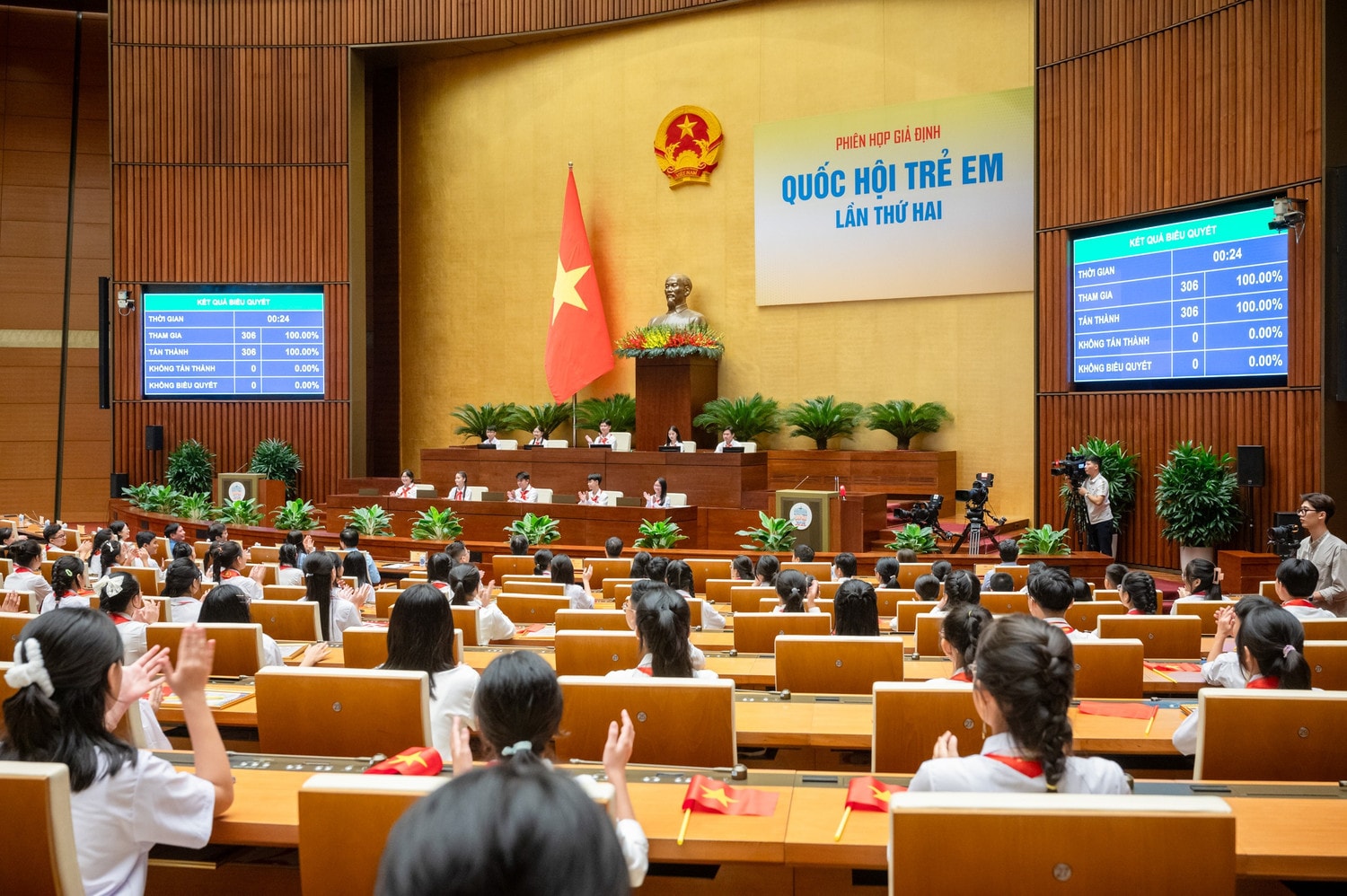 Các đại biểu "Quốc hội trẻ em" biểu quyết thông qua chương trình phiên họp giả định