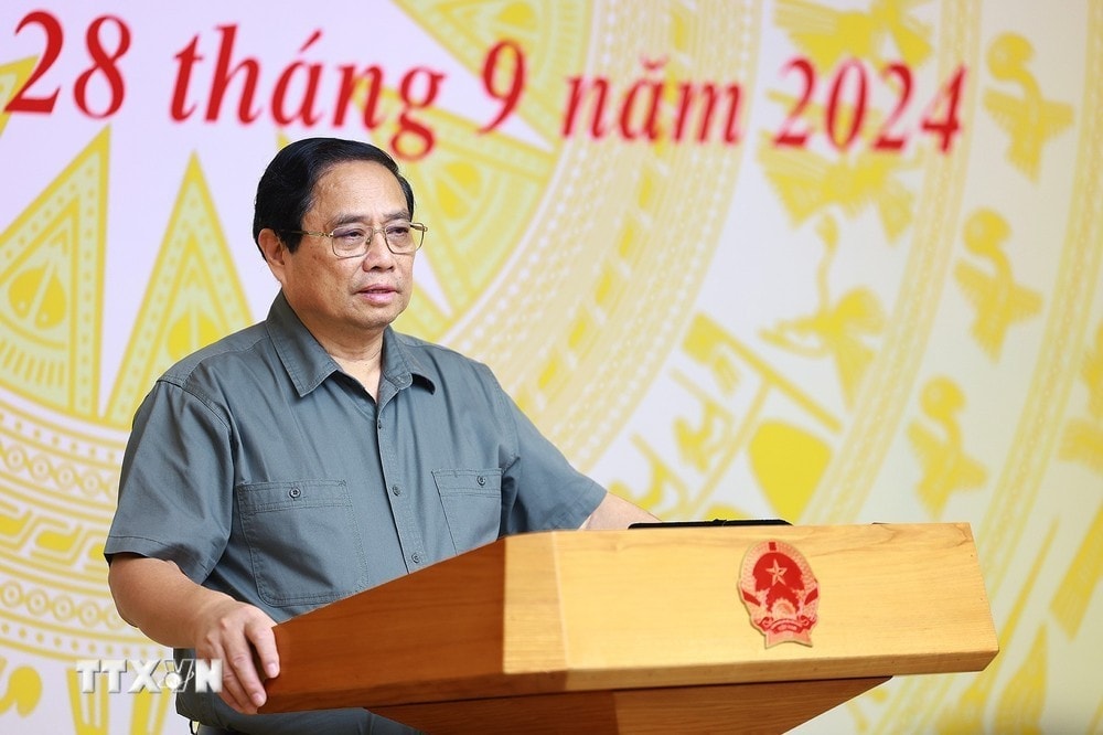 Thủ tướng Phạm Minh Chính chủ trì Hội nghị sơ kết công tác phòng, chống và khắc phục hậu quả bão số 3. Ảnh: Dương Giang/TTXVN