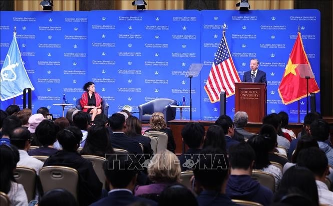 Tổng Bí thư, Chủ tịch nước Tô Lâm phát biểu chính sách tại Đại học Columbia. Ảnh: Lâm Khánh/TTXVN