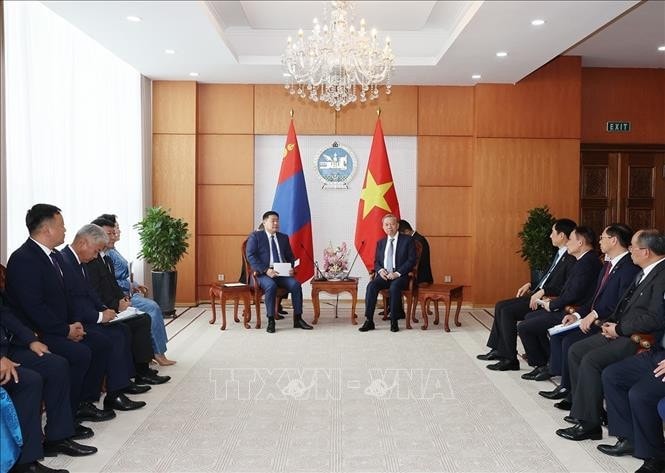 Tổng Bí thư, Chủ tịch nước Tô Lâm hội kiến Thủ tướng Mông Cổ Luvsannamsrain Oyun-Erdene. Ảnh: Trí Dũng/TTXVN