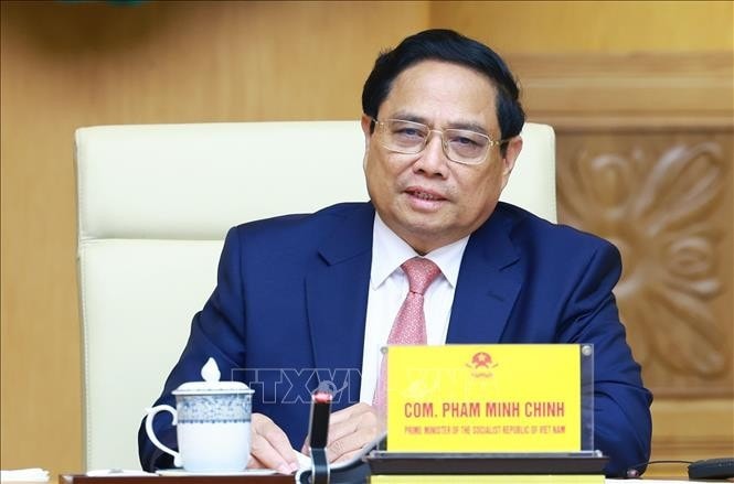 Thủ tướng Phạm Minh Chính phát biểu tại cuộc tiếp Đại sứ Trung Quốc tại Việt Nam Hà Vĩ. Ảnh: Dương Giang/TTXVN