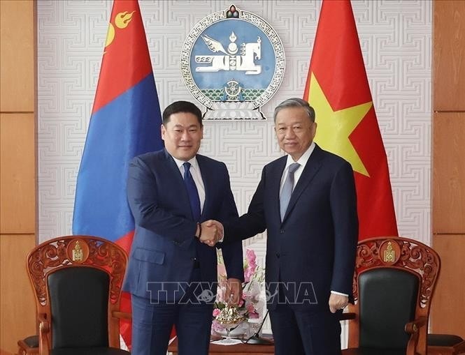 Tổng Bí thư, Chủ tịch nước Tô Lâm hội kiến Thủ tướng Mông Cổ Luvsannamsrain Oyun-Erdene. Ảnh: Trí Dũng/TTXVN