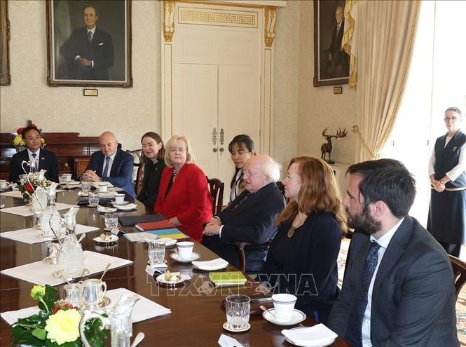 Tổng thống Ireland Michael D. Higgins và thành viên đoàn Ireland tại cuộc hội đàm với Tổng Bí thư, Chủ tịch nước Tô Lâm. Ảnh: Trí Dũng/TTXVN