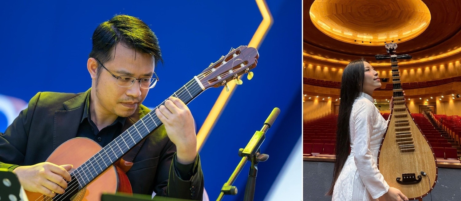 Chương trình có sự góp mặt của nghệ sỹ guitar Vũ Hiển và nghệ sĩ đàn tỳ bà Phan Thủy. Ảnh: BTC