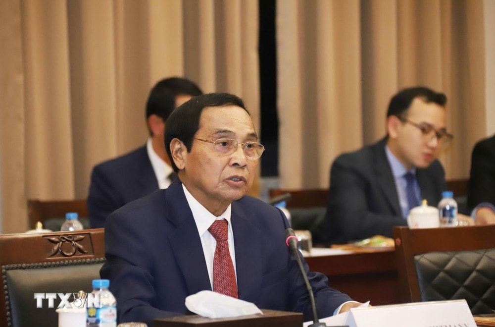 Thường trực Ban Bí thư, Phó Chủ tịch nước Lào Bounthong Chitmany phát biểu tại cuộc hội kiến. Ảnh: Xuân Tú/TTXVN
