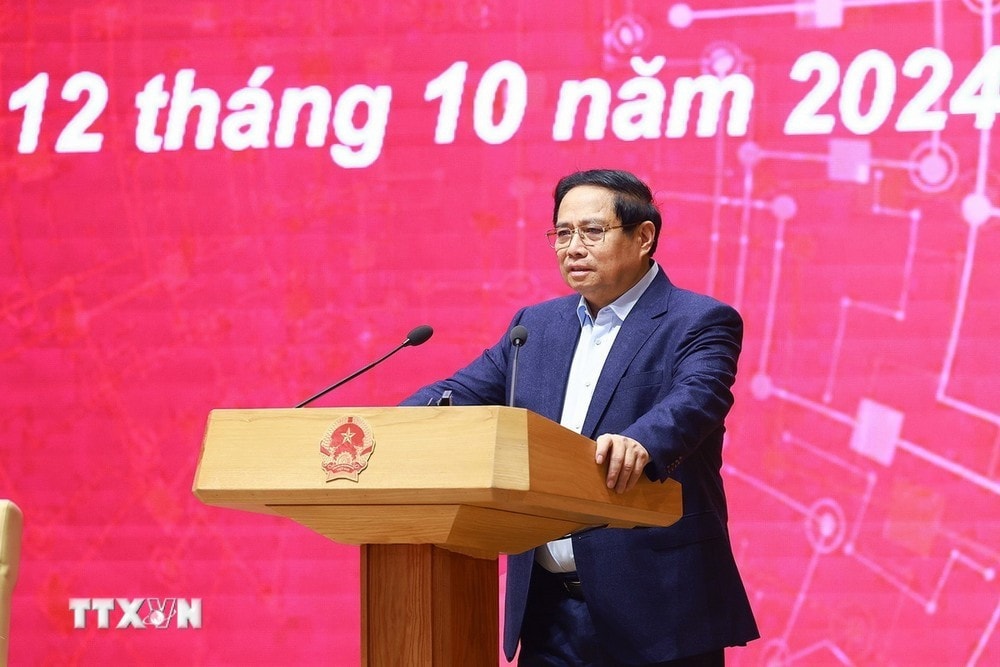 Thủ tướng Phạm Minh Chính phát biểu chào mừng Ngày Chuyển đổi số quốc gia (10.10) năm 2024. Ảnh: Dương Giang/TTXVN