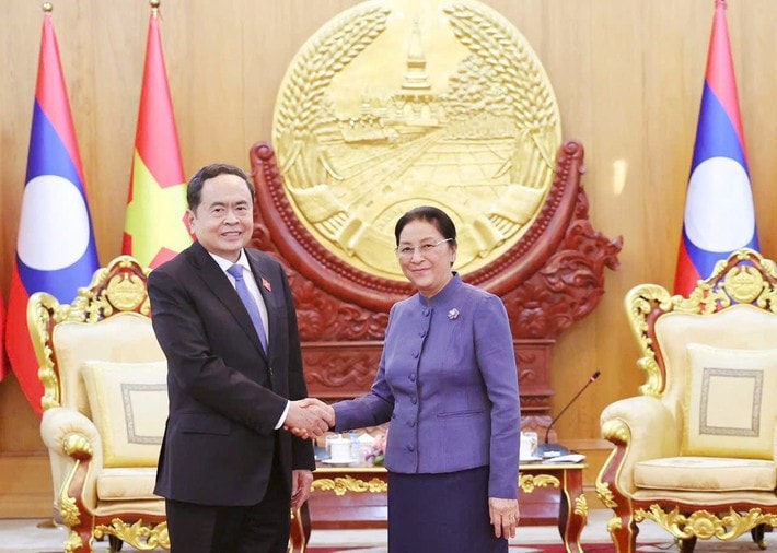 Chairman of the Vietnamese National Assembly Tran Thanh Man (L) and Vice President and former Chairwoman of the Lao NA Pany Yathotou at their meeting in Vientiane on October 17. Photo: Thong Nhat b2-7402-7646-1355.jpg