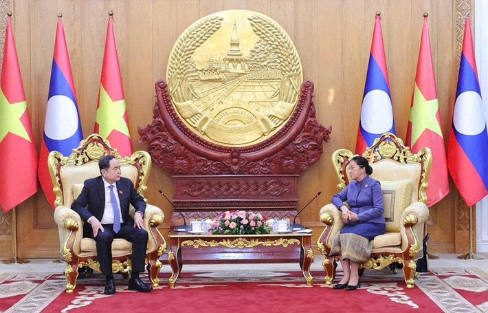 Chairman of the Vietnamese National Assembly Tran Thanh Man (L) and Vice President and former Chairwoman of the Lao NA Pany Yathotou at their meeting in Vientiane on October 17. Photo: Thong Nhat b3-510-5491-1907.jpg