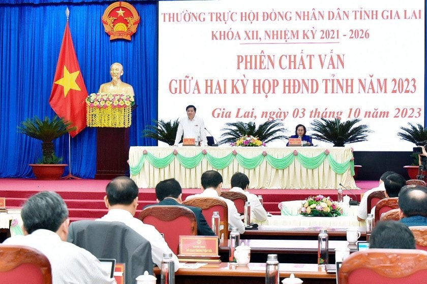 Toàn cảnh phiên chất vấn về tài chính - đầu tư xây dựng của Thường trực HĐND tỉnh Gia Lai. Ảnh: Đức Thụy