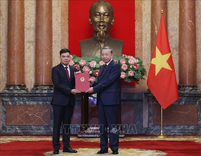 Tổng Bí thư, Chủ tịch nước Tô Lâm trao quyết định bổ nhiệm Đại sứ Việt Nam ở nước ngoài nhiệm kỳ 2024 – 2027 cho đồng chí Phạm Hải. Ảnh: Lâm Khánh/TTXVN