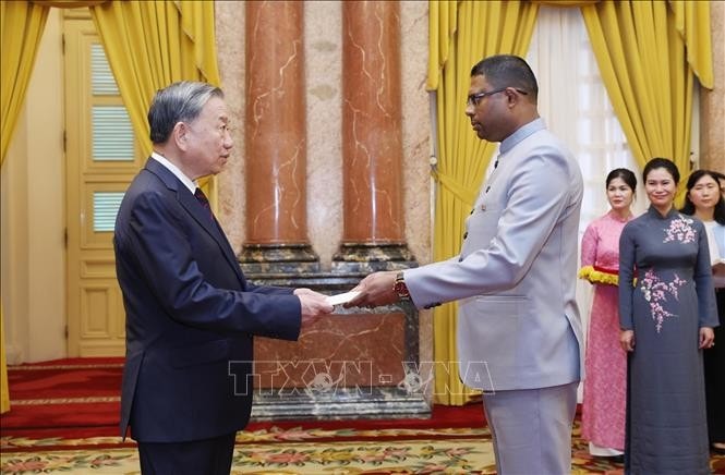 Tổng Bí thư, Chủ tịch nước Tô Lâm với Đại sứ Cộng hoà Suriname tại Việt Nam Arunkoemar Hardien. Ảnh: Lâm Khánh/TTXVN
