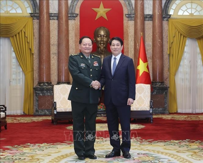 Chủ tịch nước Lương Cường tiếp Thượng tướng Trương Hựu Hiệp, Ủy viên Bộ Chính trị, Phó Chủ tịch Quân ủy Trung ương Trung Quốc. Ảnh: Lâm Khánh/TTXVN
