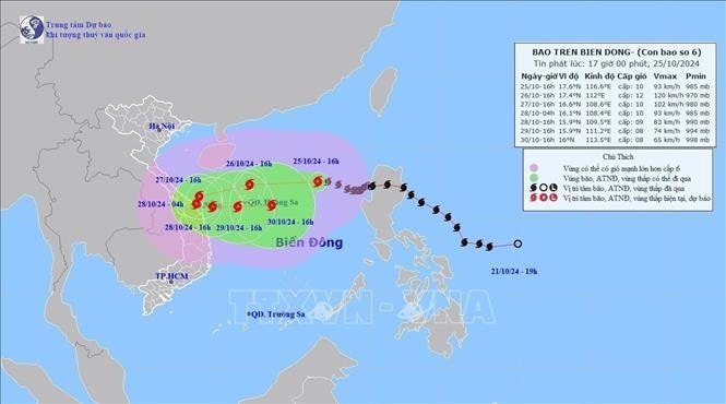 Đường đi của bão số 6 lúc 16h ngày 25.10.2024. Ảnh: TTXVN
