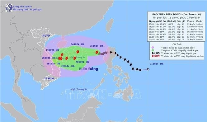 Đường đi của bão số 6 vào lúc 10h ngày 25/10/2024. Ảnh: TTXVN phát
