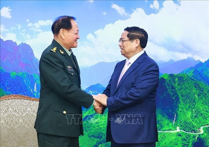 Thủ tướng Phạm Minh Chính tiếp Thượng tướng Trương Hựu Hiệp, Phó Chủ tịch Quân ủy Trung ương Trung Quốc. Ảnh: Dương Giang/TTXVN