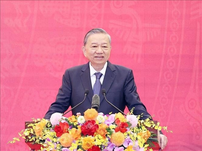Tổng Bí thư Tô Lâm phát biểu tại lễ kỷ niệm 75 năm Ngày truyền thống Ban Đối ngoại Trung ương. Ảnh: TTXVN