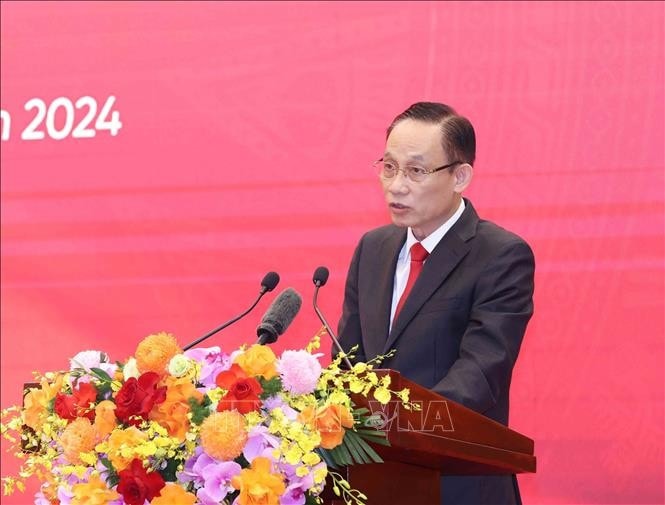 Đồng chí Lê Hoài Trung, Bí thư Trung ương Đảng, Trưởng Ban Đối ngoại Trung ương đọc diễn văn Lễ kỷ niệm. Ảnh: Phương Hoa/TTXVN